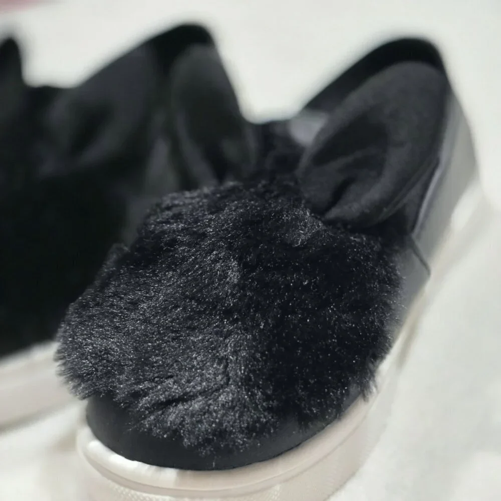 Nina ✦ Bunny Ear Slip-On Shoes ✦ Black Faux Fur Toddler Flats Girls 10 NWT